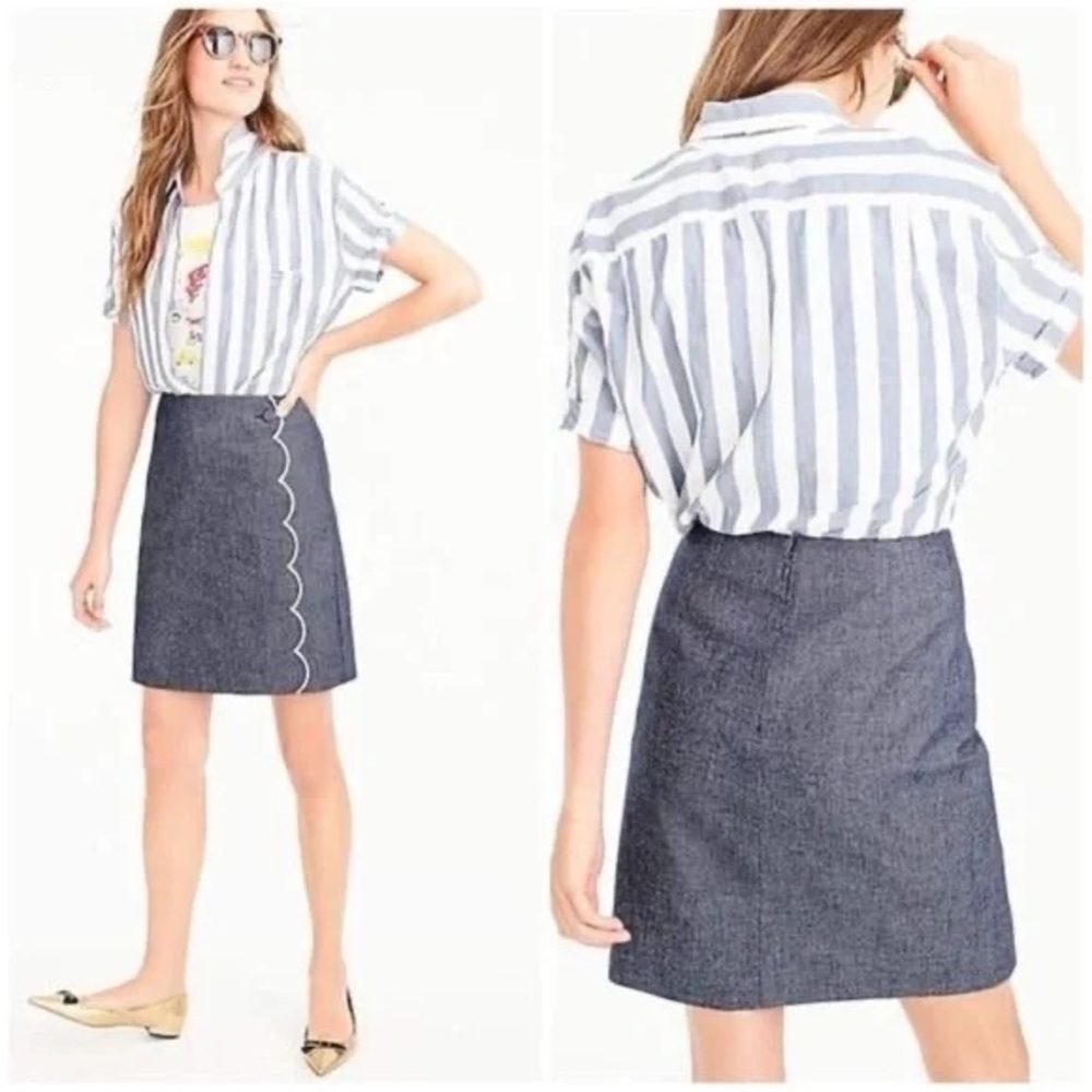 J. Crew chambray mini skirt with white scallop trim, fully lined.